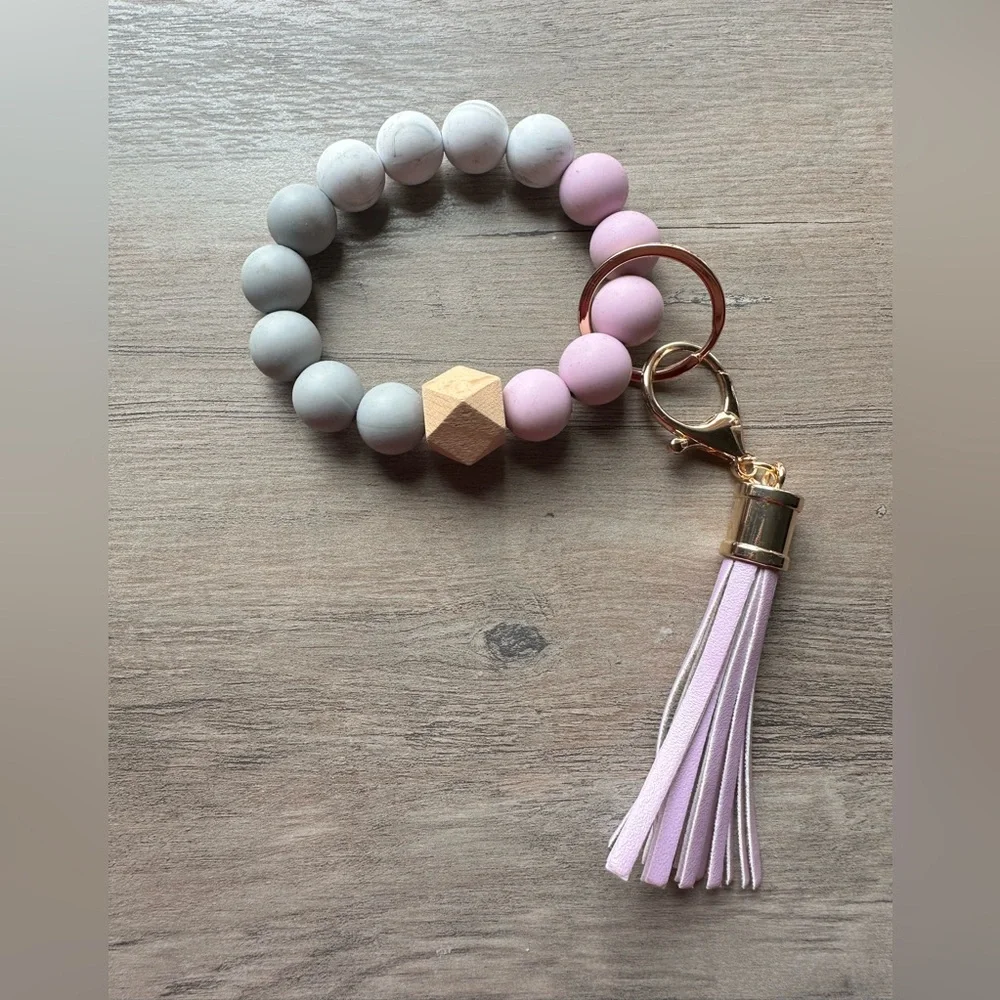 Pink and Gray Beaded Keychain Bracelet New Without Tags